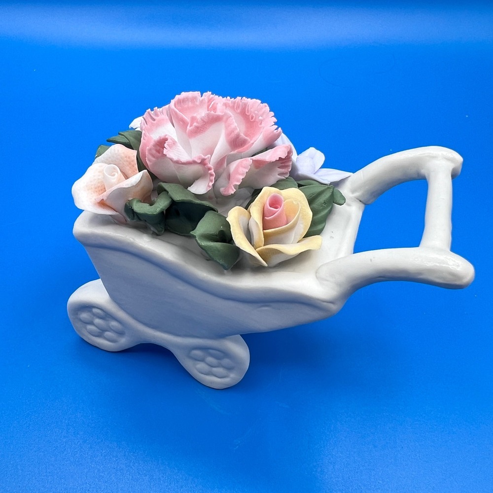 Artmark Fine Porcelain Bisque Wheelbarrow Flower Figurine Hand Painted 51605